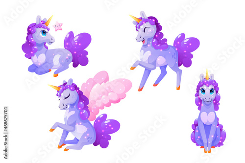 Funny unicorn character, Pegasus with pink wings and gold horn in different poses isolated on white background. Vector set of cartoon cute magic horse with golden horn, purple mane and sparkles