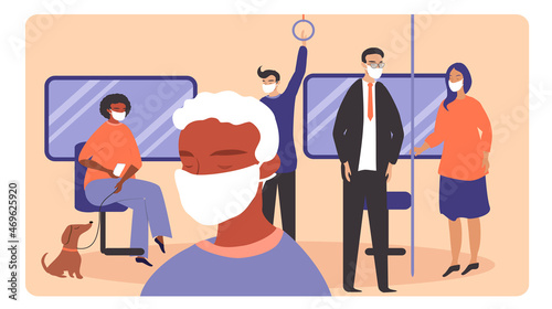 vector illustration - people in masks  in a subway car. social distance, antiviral measures. trend illustration in flat style