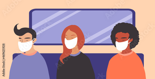 vector illustration - people in masks sit in a subway car. social distance, antiviral measures. trend illustration in flat style