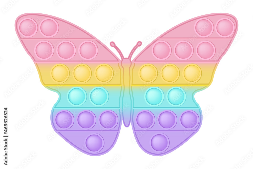 Popit figure butterfly a fashionable silicon toy for fidgets. Addictive  anti stress toy in pastel rainbow colors. Bubble anxiety developing pop it  toys for kids. Vector illustration isolated on white. vector de