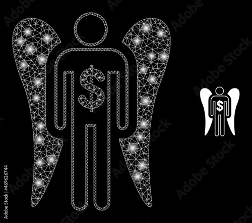 Glossy polygonal mesh web angel investor icon with glitter effect on a black background. Constellation angel investor iconic vector with shiny dots in bright colors.