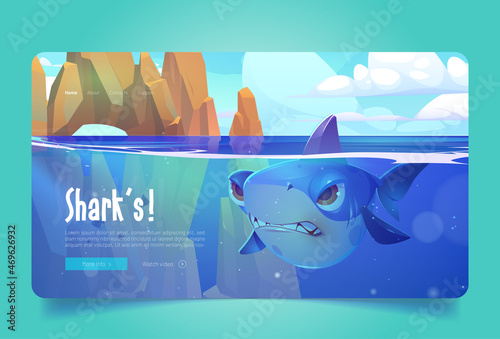 Sharks banner with angry big fish under water in ocean. Vector landing page of sea wildlife with cartoon illustration of seascape with marine animal with scary teeth underwater and rocks