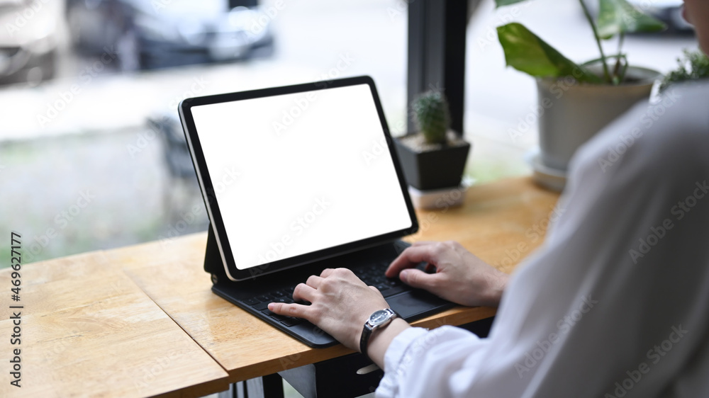 Close up view businesswoman working online with computer tablet. Close up view businesswoman working online with computer tablet.