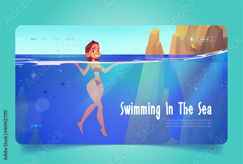 Girl swimming in sea banner. Concept of summer resort and leisure activity in water. Vector landing page with cartoon illustration of woman in bikini swims in ocean with rocks