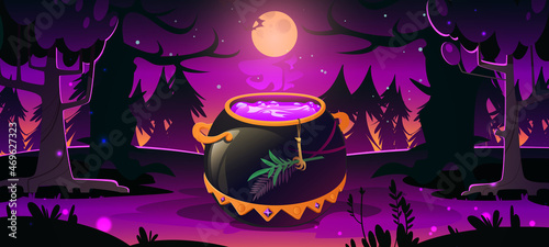 Dark forest with witch cauldron, trees silhouettes, purple light and moon at night. Halloween background with gold cooking boiler with magic potion. Vector cartoon illustration with cauldron in wood