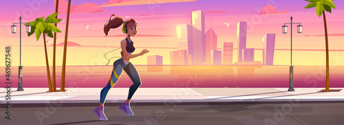 Young woman run on street on sea beach at sunset. Vector cartoon illustration with tropical landscape, ocean, town buildings on skyline and runner girl in headphones. Concept of healthy lifestyle