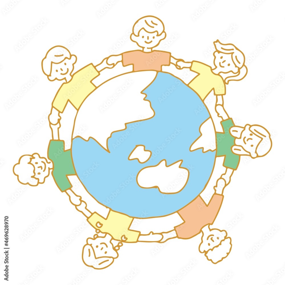 地球を囲んで手を繋ぐ人たちのイラスト Stock Illustration Adobe Stock