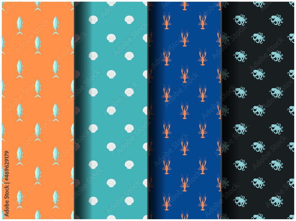 Fototapeta premium wallpaper background pattern template icon party cartoon poster flyer vector palette sea food cooked plate octopus sign fish cafe shrimp salmon lobster crab dinner nature set shellfish restaurant logo