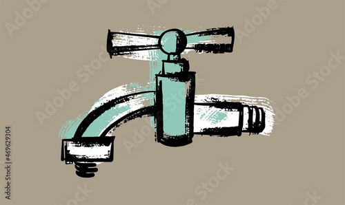 Garden water tap with a valve. Illustration in the style of a careless sketch. Vector on an isolated background.