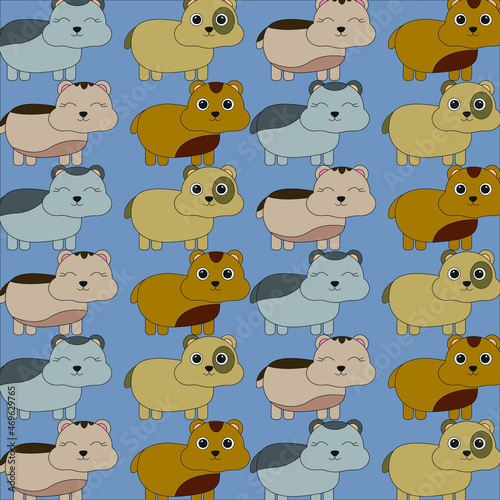 Pattern with painted colorful hamsters. Can be used for wallpaper  textiles  packaging  cards  covers. Small cute animal on a blue background.