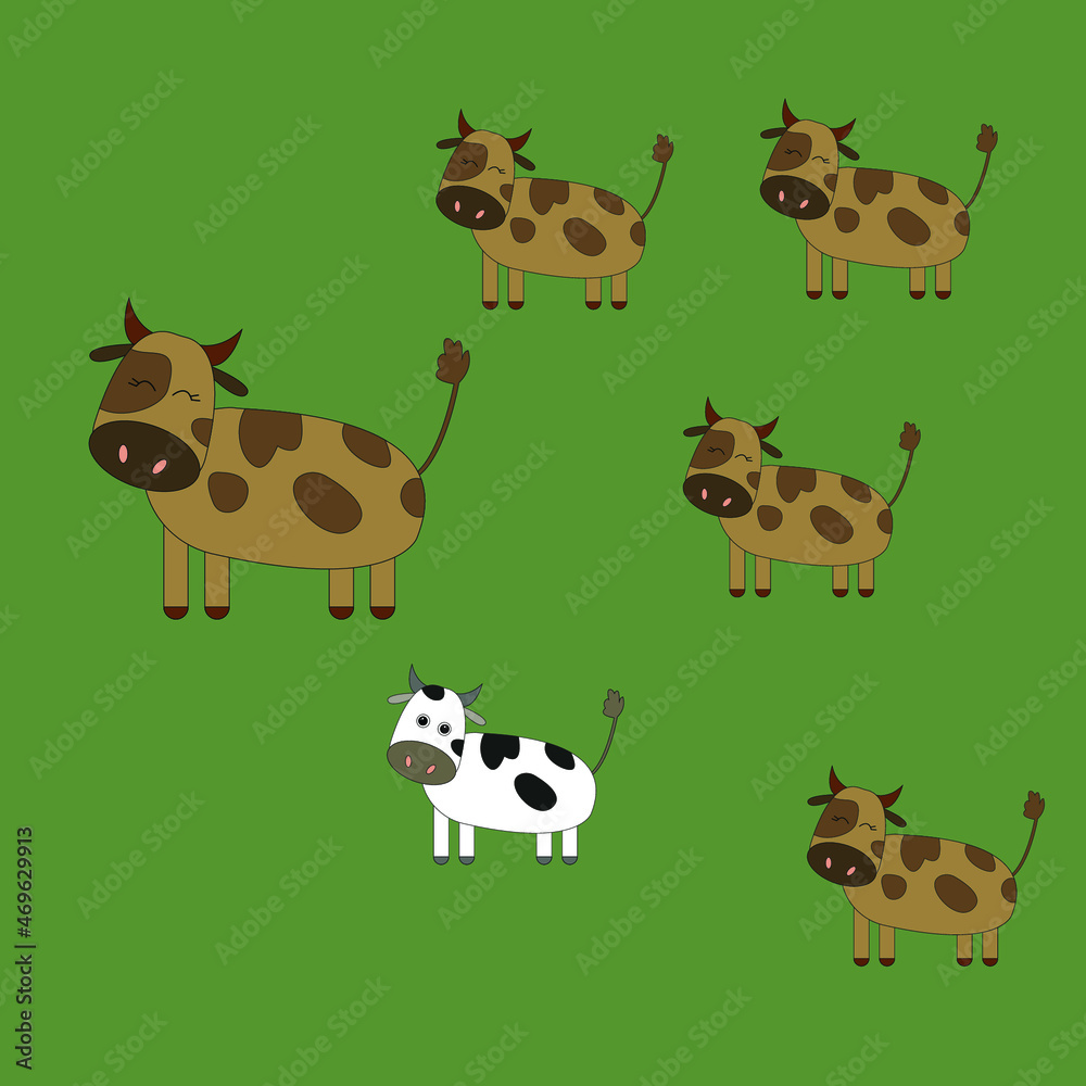 Cute animals cows happy family, with father and children, daughters and son on green isolated background, vector illustration.