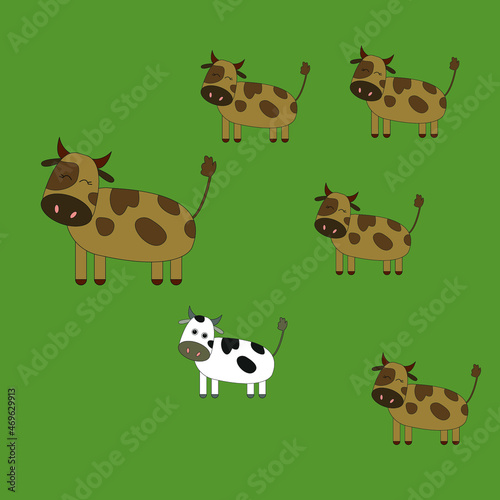 Cute animals cows happy family, with father and children, daughters and son on green isolated background, vector illustration. © Виталий Сова