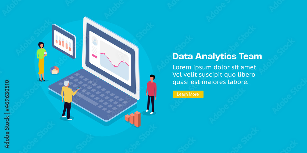Team of data analyst monitoring business analytics, data monitoring, statistics and information technology isometric design concept, web banner template. Team of data analyst monitoring business analytics, data monitoring, statistics and information technology isometric design concept, web banner template.