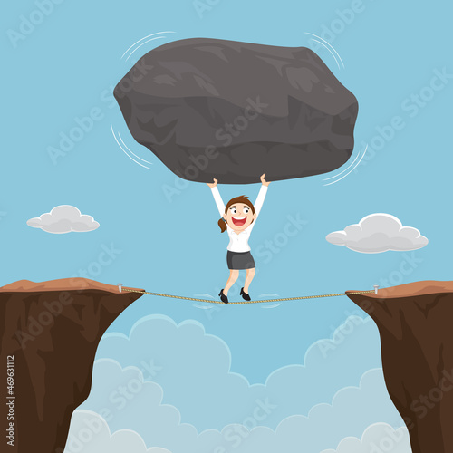 Εκτύπωση καμβά Cartoon businesswoman carry rocks on rope, Crossing the edge of rock gap, Burden