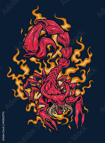 Red demonic scorpion on the flame background vector illustration.