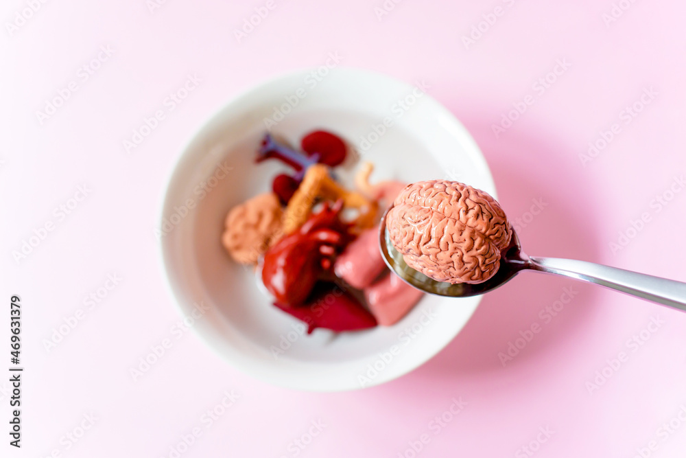 Human brain in the spoon and human internal organs with soup in white bowl, Every food you eat has an effect on your body. Human brain in the spoon and human internal organs with soup in white bowl, Every food you eat has an effect on your body.