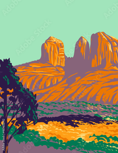 WPA poster art of Red Rock State Park with red sandstone canyon outside the city of Sedona,  Arizona, United States USA done in works project administration style. photo