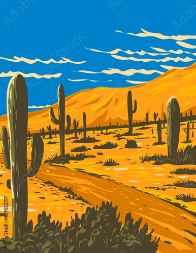 WPA poster art of Picacho Peak State Park with Saguaro cactus surrounding Picacho Peak in Picacho, Arizona, United States of America USA done in works project administration style. photo