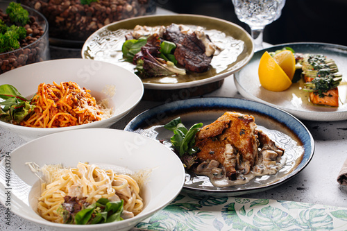 Quadro em tela Set of different gourmet mediterranean dishes on the table
