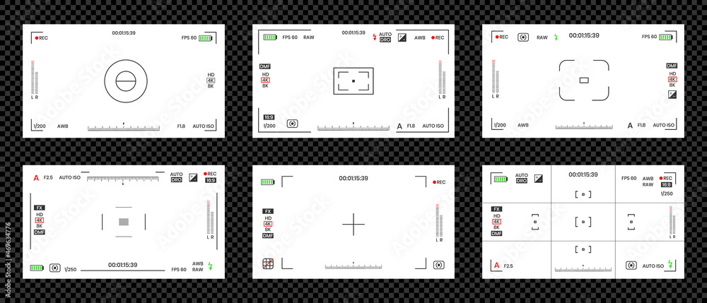 Fototapeta premium Camera viewfinder video or photo frame recorder flat style design vector illustration set. Digital camera viewfinder with exposure settings and focusing grid template.