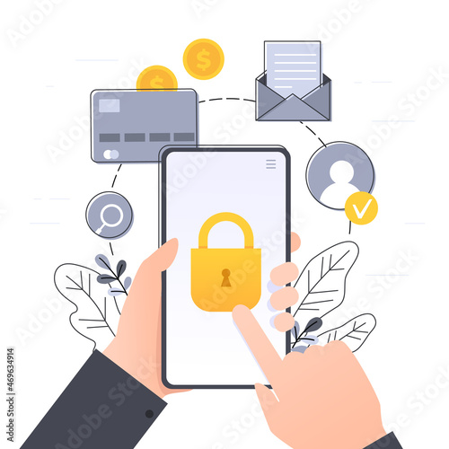 Protection of mobile data and personal information, hands holding mobile phone with lock, data access concept, flat cartoon vector with floral elements.