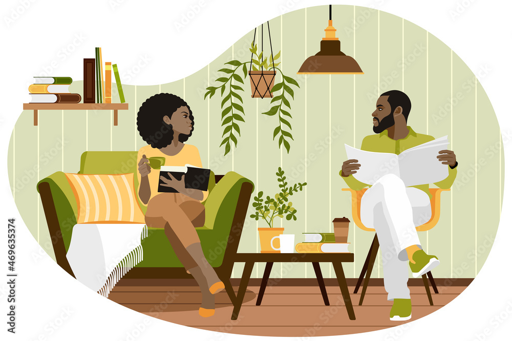 Cartoon young people sit in armchairs in the interior of the home living room, read books and newspapers with a cup of hot drink. Home leisure. Flat vector illustration.