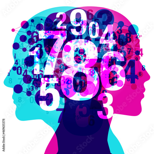 A Male and Female side profile overlaid with various sized translucent numbers and connected circular shapes. Centred is a semi glowing set of Numerals from Zero to 9.