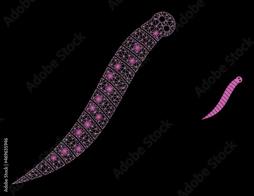 Glossy polygonal mesh net worm icon with glow effect on a black background. Carcass worm iconic vector with shiny points in vibrant colors. Abstraction 2d mesh is designed with polygonal grid,