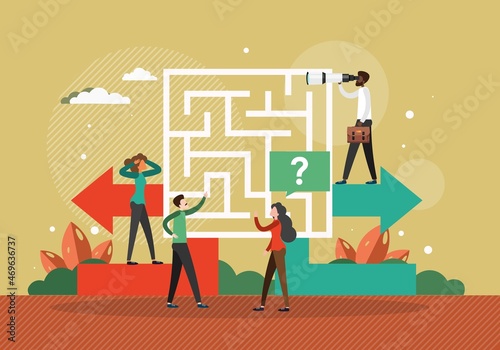 Business people choosing exit from labyrinth or maze. Business solution, problem solving, challenge, vector illustration