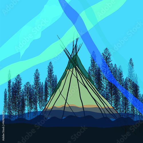 Wigwam in the forest against the backdrop of a beautiful night sky. Ethnic dwelling in the winter forest. A tent among the trees.