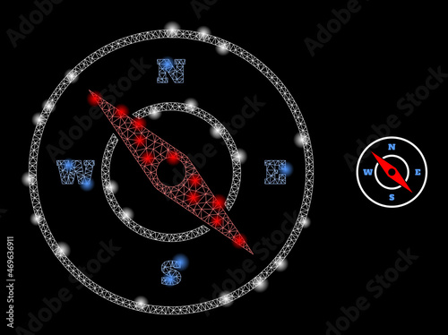 Glossy polygonal mesh net compass icon with glare effect on a black background. Carcass compass iconic vector with glitter points in stardust colors. Abstract flat mesh designed with polygonal grid,
