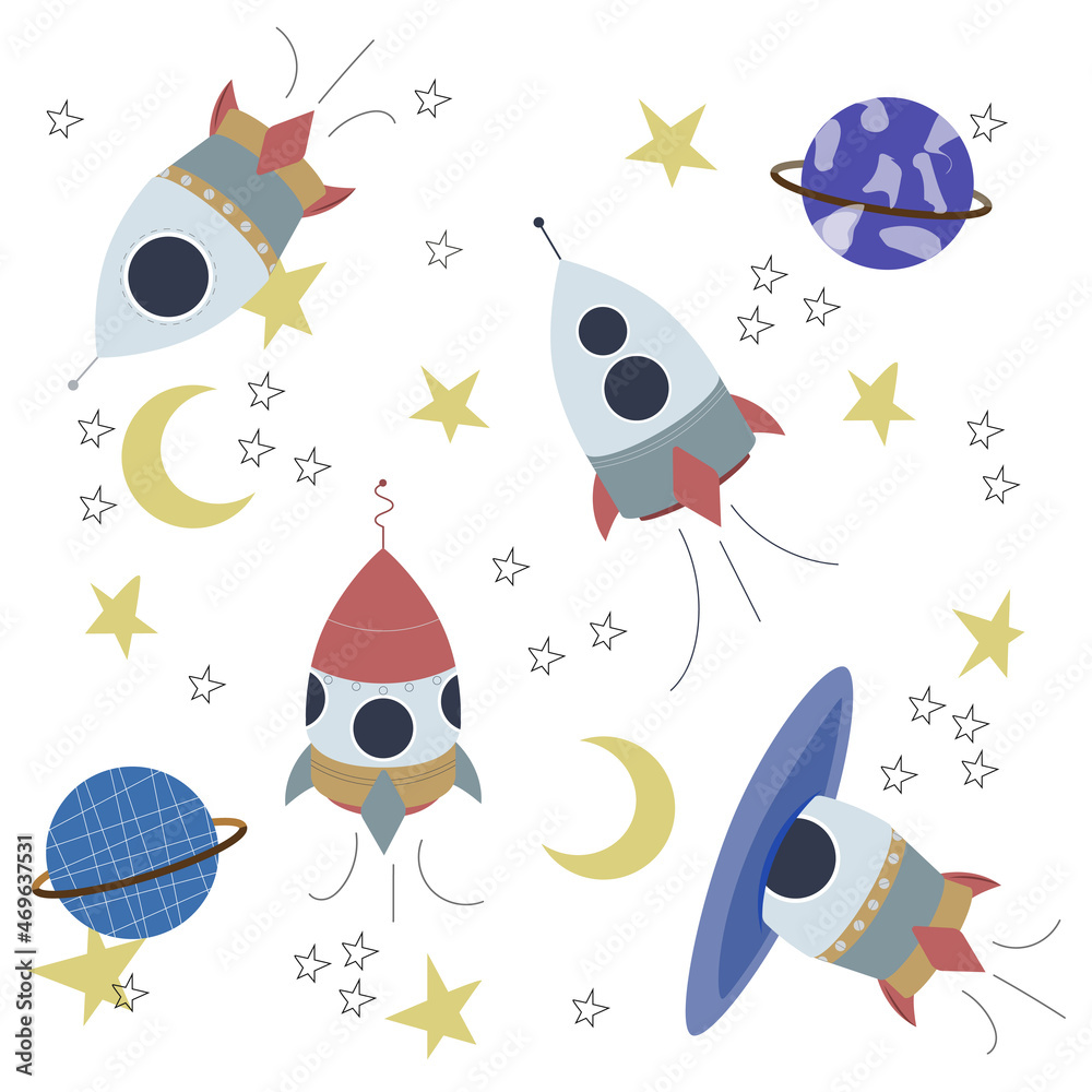 Fototapeta premium Vector of spaceship, Spacecraft, Rocket, planet, stars. Set of cute and colorful icon collection isolated on white background. 