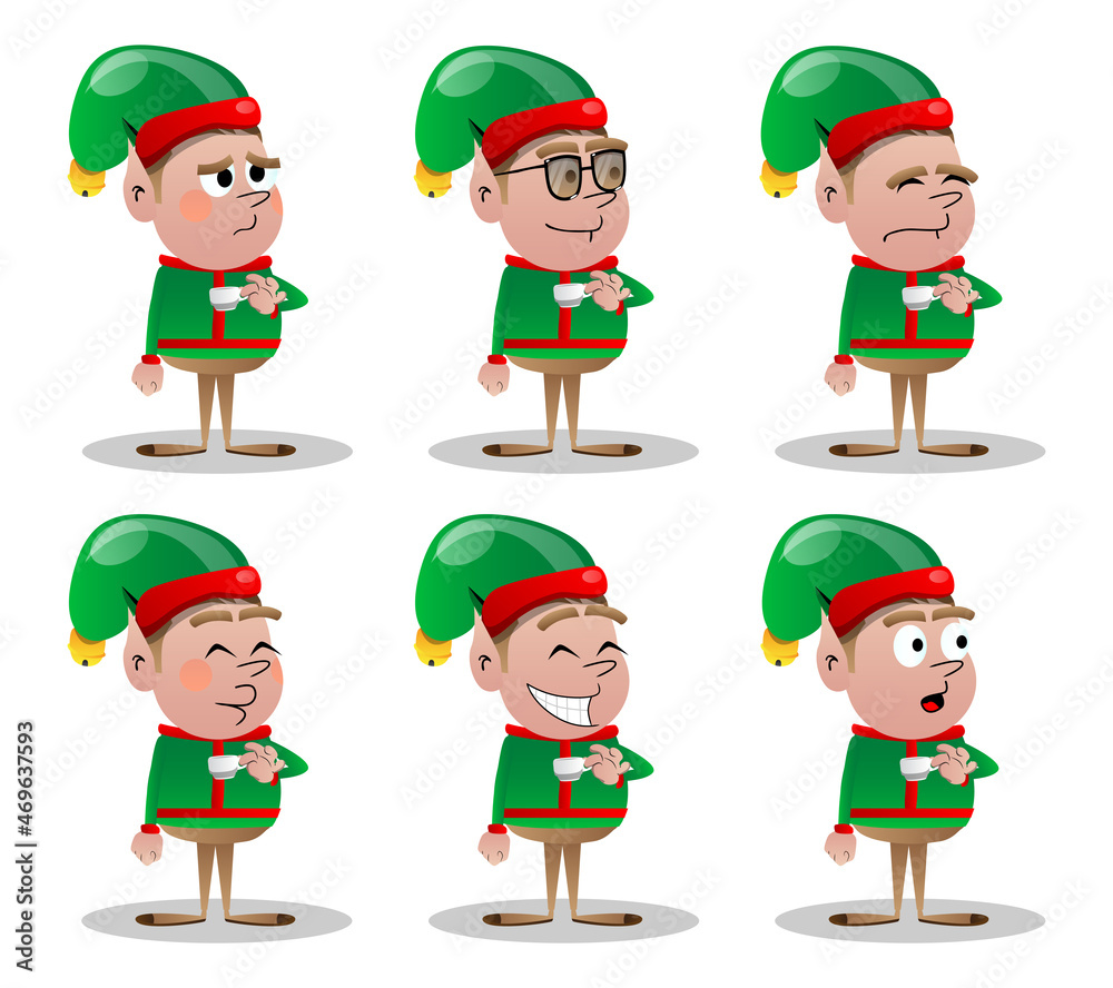 Christmas Elf drinking coffee. Vector cartoon character illustration of Santa Claus's little worker, helper. Christmas Elf drinking coffee. Vector cartoon character illustration of Santa Claus's little worker, helper.