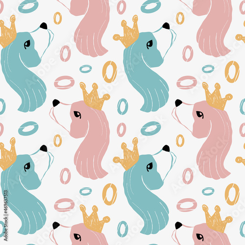 pattern of vector elements, dog princess, pastel colors, pink blue, childrens illustration, hand-drawn