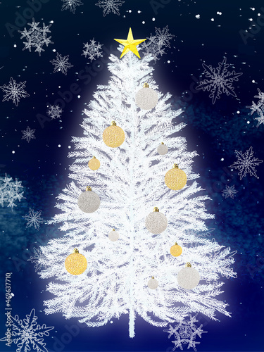 雪景色背景白クリスマスツリーオーナメントつき_リアルタッチ_縦