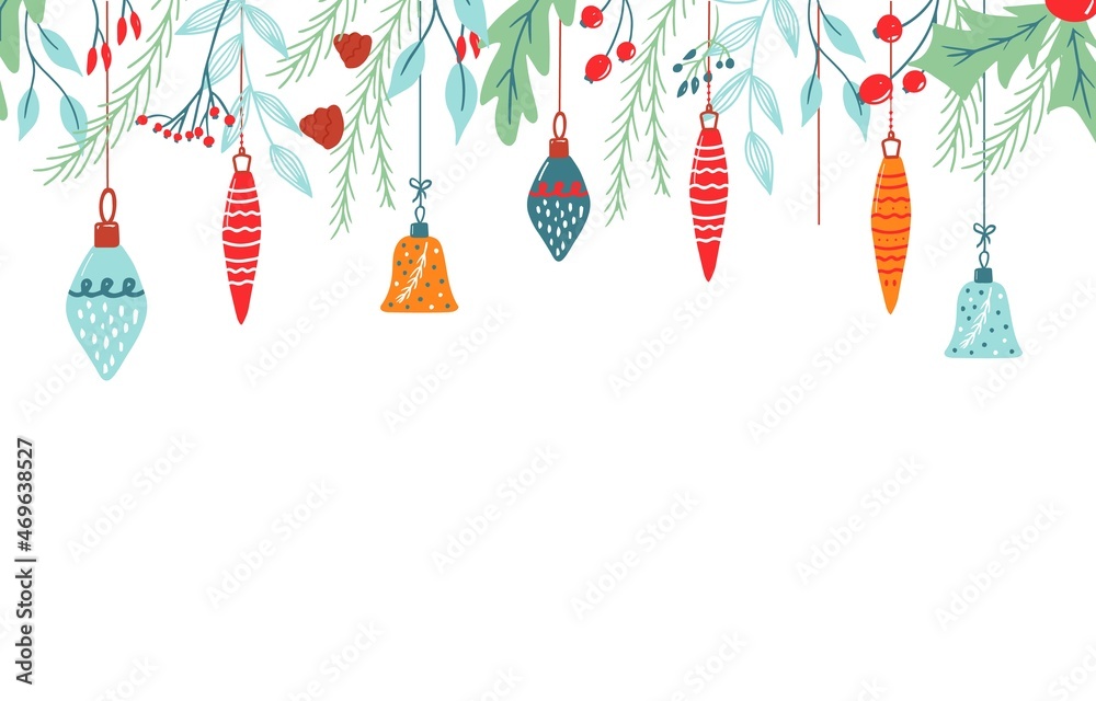 Christmas background with floral decorations. Banners and