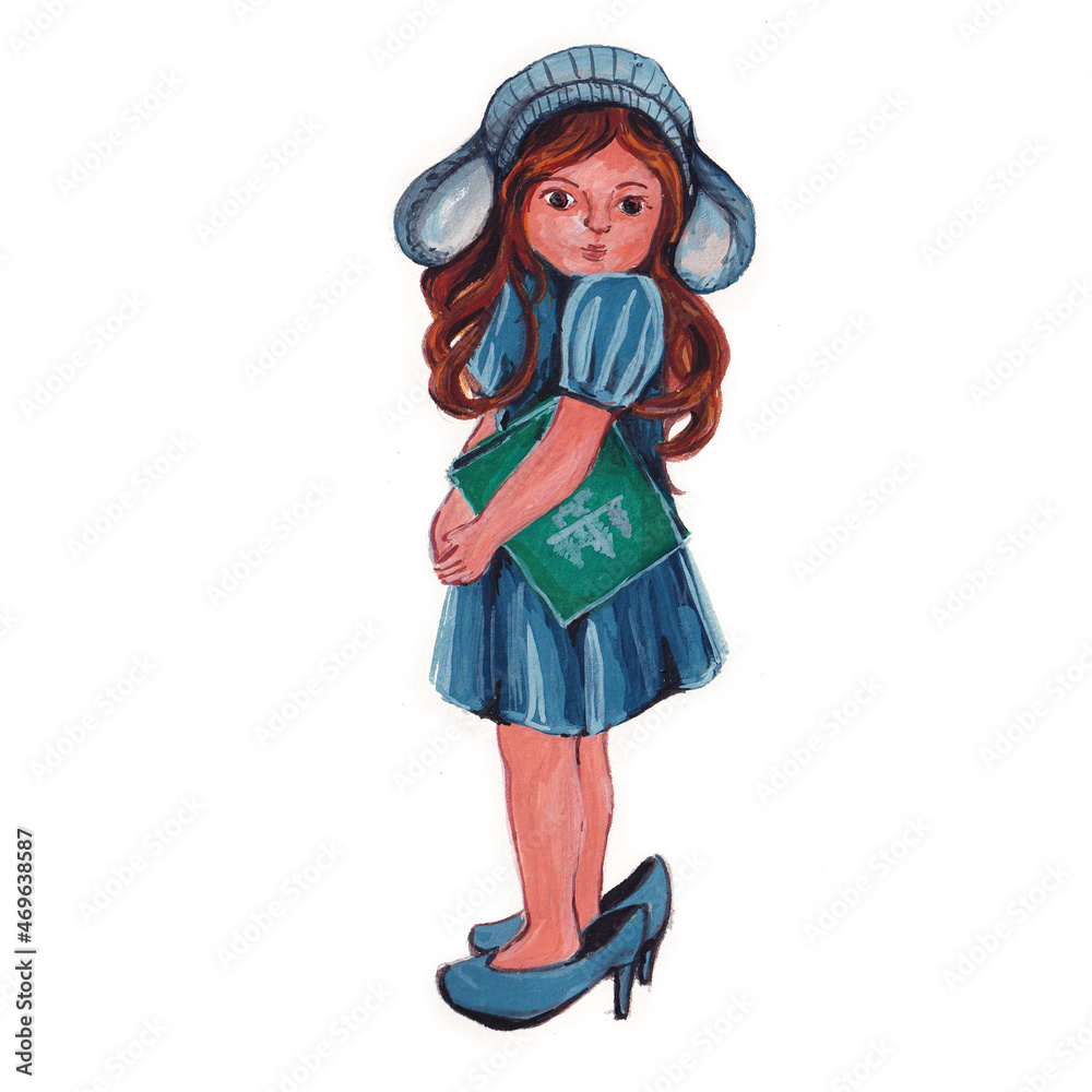 A girl in a blue dress is standing wearing a large pair of shoes. A girl in a blue dress is standing wearing a large pair of shoes.