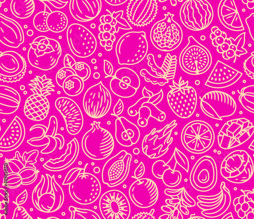 Fruits, exotic fruits and seamless pattern. Vector endless beige on purple background. Vintage engraving style. Perfect for restaurants, cafe, bars and food courts or any web and app projects. 
