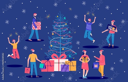 Banner with people with people holding shopping bag for a great Christmas sale. Men and women are buying gifts. Vector illustration in cartoon trendy style.vector for advertisement, coupon or voucher