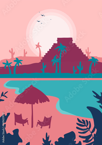 Cancun flat illustration. Cancun line drawing. Modern style Cancun city illustration. Hand sketched poster  banner  postcard  card template for travel company  T-shirt  shirt. Vector EPS 10