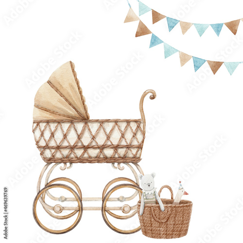 Beautiful stock illustration with very cute hand drawn watercolor boys baby carriage and basket of toys.