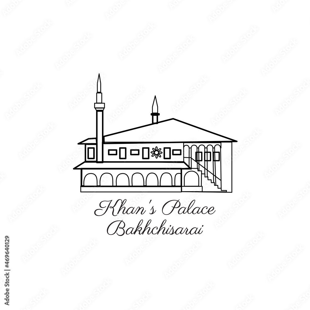 Vector landmark of Crimea, Khan's Palace Bakhchisarai, decorative european architecture isolated on white, travel icon tower, flat building, hand drawn sight attraction, line art sign for web design