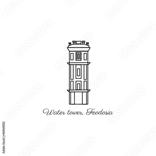 Vector landmark of Crimea, Watertower of Feodosia, decorative european architecture isolated on white, travel icon tower, flat building, hand drawn sight attraction, line art sign for web design