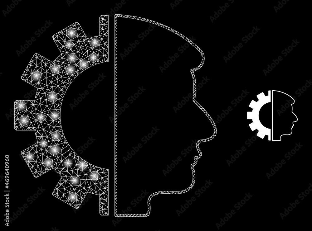 Glossy polygonal mesh web head gear icon with glow effect on a black background. Network head gear iconic vector with glitter points in bright colors.