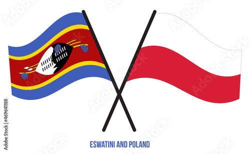 Eswatini and Poland Flags Crossed And Waving Flat Style. Official Proportion. Correct Colors.