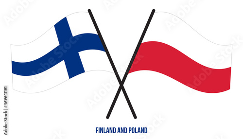 Finland and Poland Flags Crossed And Waving Flat Style. Official Proportion. Correct Colors.