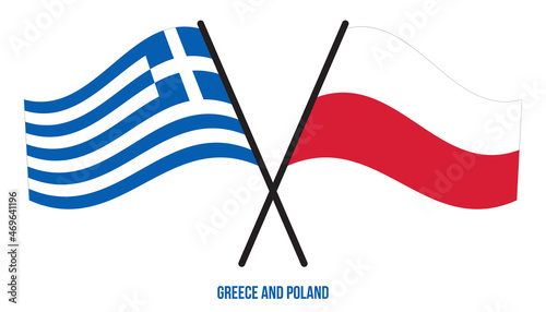 Greece and Poland Flags Crossed And Waving Flat Style. Official Proportion. Correct Colors.