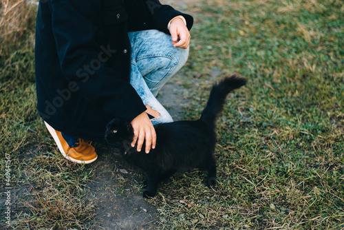 black cat and boy's hand