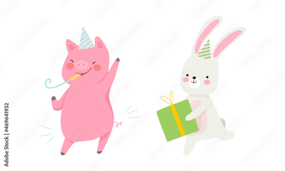Cute Pig and Hare Wearing Birthday Hat Holding Gift Box and Blowing Whistle Celebrating Holiday Vector Set Cute Pig and Hare Wearing Birthday Hat Holding Gift Box and Blowing Whistle Celebrating Holiday Vector Set