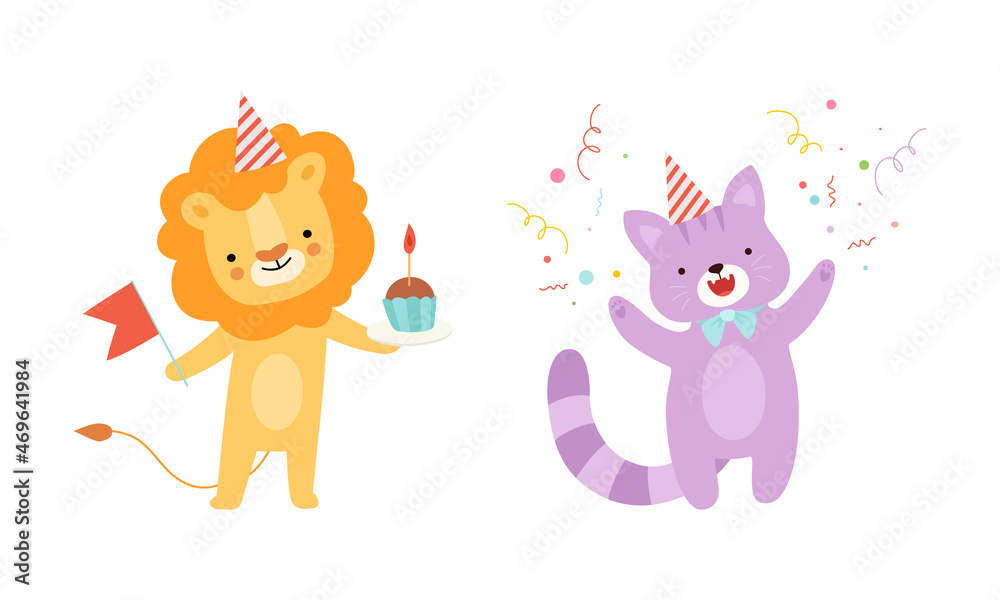 Cute Lion and Cat Wearing Birthday Hat Holding Cupcake Celebrating Holiday Vector Set Cute Lion and Cat Wearing Birthday Hat Holding Cupcake Celebrating Holiday Vector Set